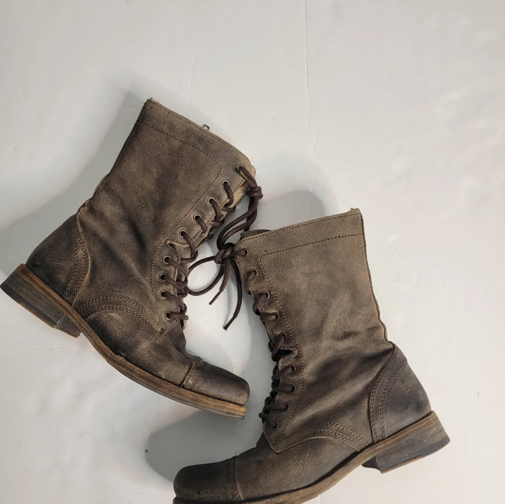 Allsaints 38/8 Distressed Military Combat Boots Leather Suede Faux Fur Lined - Picture 5 of 10